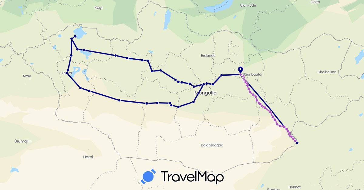 TravelMap itinerary: driving, train in Mongolia (Asia)